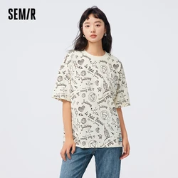 Semir Short Sleeve T-Shirt Women Mid-Length Design Sense Cotton Full Print Autumn Loose Top