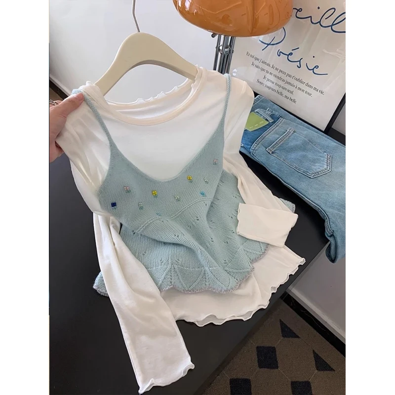 가을 패션 여성 트렌디 2025 신상 투피스 세트 니트 스웨터 롱 슬리브 레이어링 아우스피어 탑 프렌치 스타일 폴리에스터...