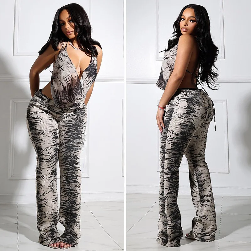 ชุดเซ็ตผู้หญิงสุดฮิต ลายพิมพ์วินเทจ เสื้อแขนกุดคอวีผูกคอ และกางเกงขายาวเอวสูงทรงหลวม ชุดเซ็ต 2 ชิ้น