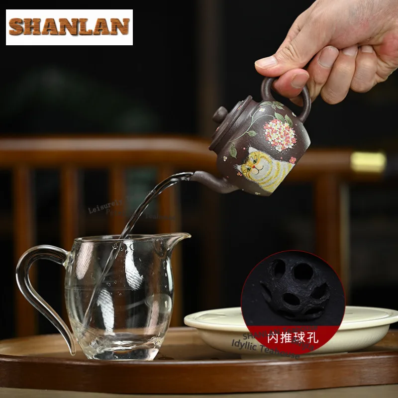 150 مللي رائعة ييشينغ الأرجواني الطين أباريق الشاي رسمت اليدوية القط قصر فانوس وعاء الخام خام الطين غلاية Zisha طقم شاي درينكوير #6