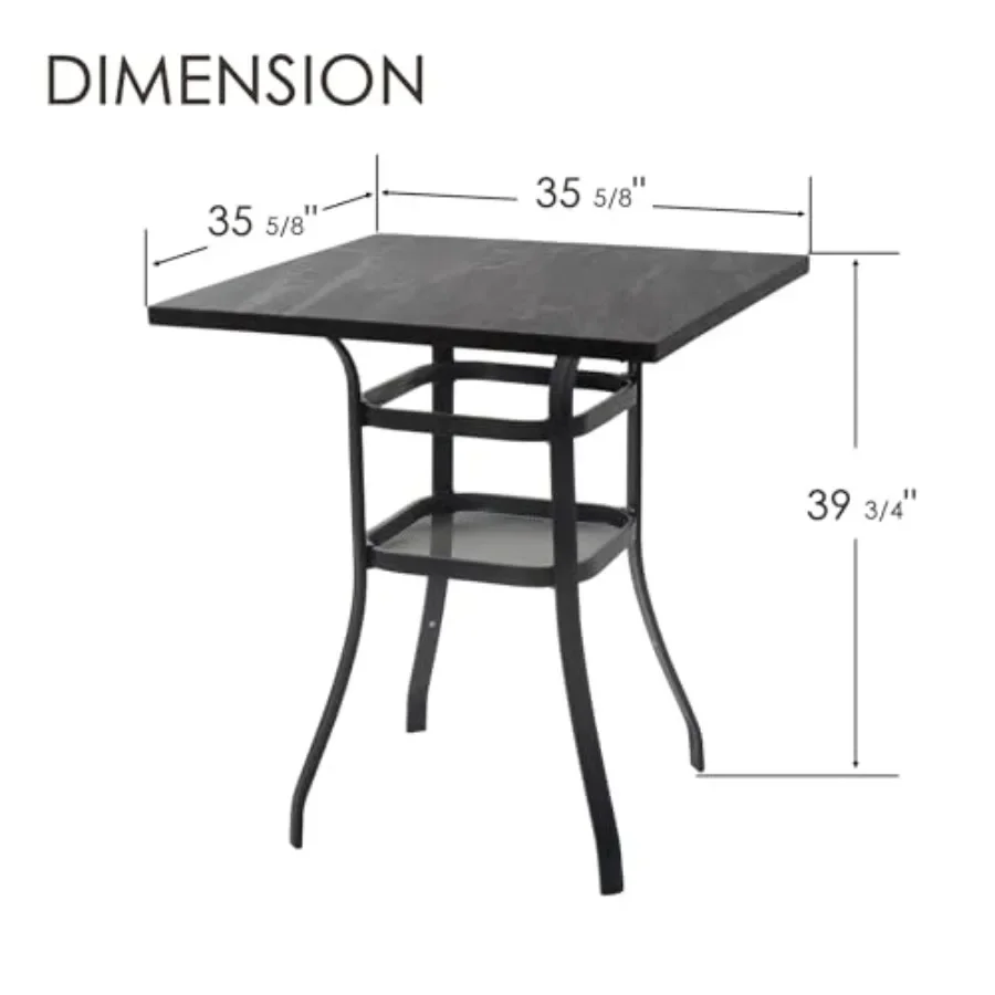 Outdoor bar height table with realistic marble texture top, 36 square patio pub table, 2-tier storage shelves, all-weather meta
