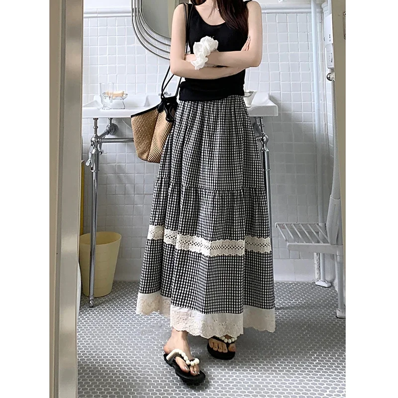 

2025 Korean Vintage Summer Loose Skirt Women Elastic Waist Lace Lattice Splicing Sweet Mid Length Skirt Woman