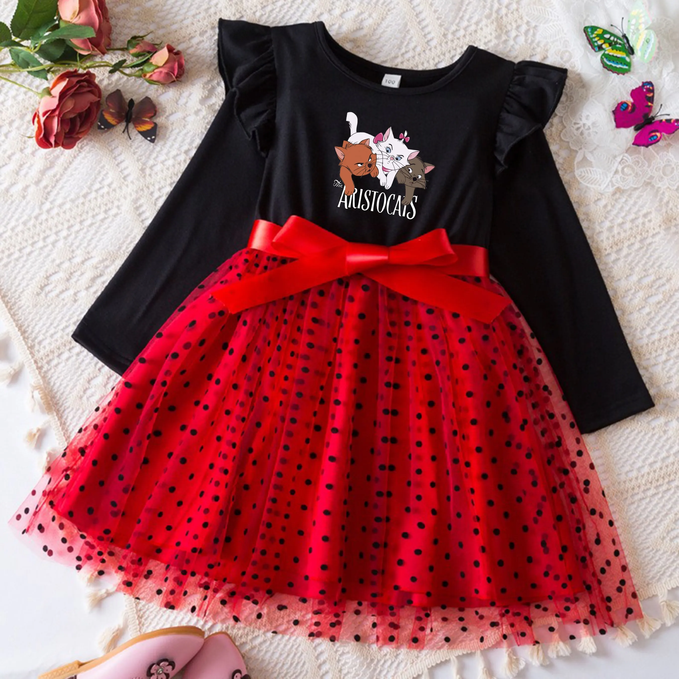 Marie Cat Girls Long Sleeve Fall Dresses Princess Costume Autumn Winter Children Clothing Red Christmas Party Dress