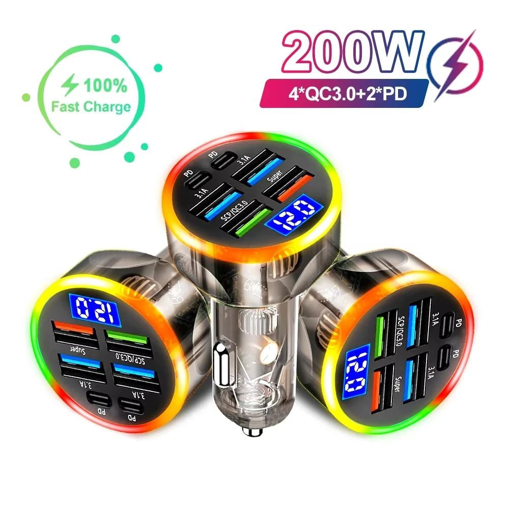 200W Auto-Ladegerät mit 6 Anschlüssen, Superschnelles Laden, PD QC3.0 USB-Schnelladapter für iPhone, Samsung, Xiaomi mit Digitalanzeige