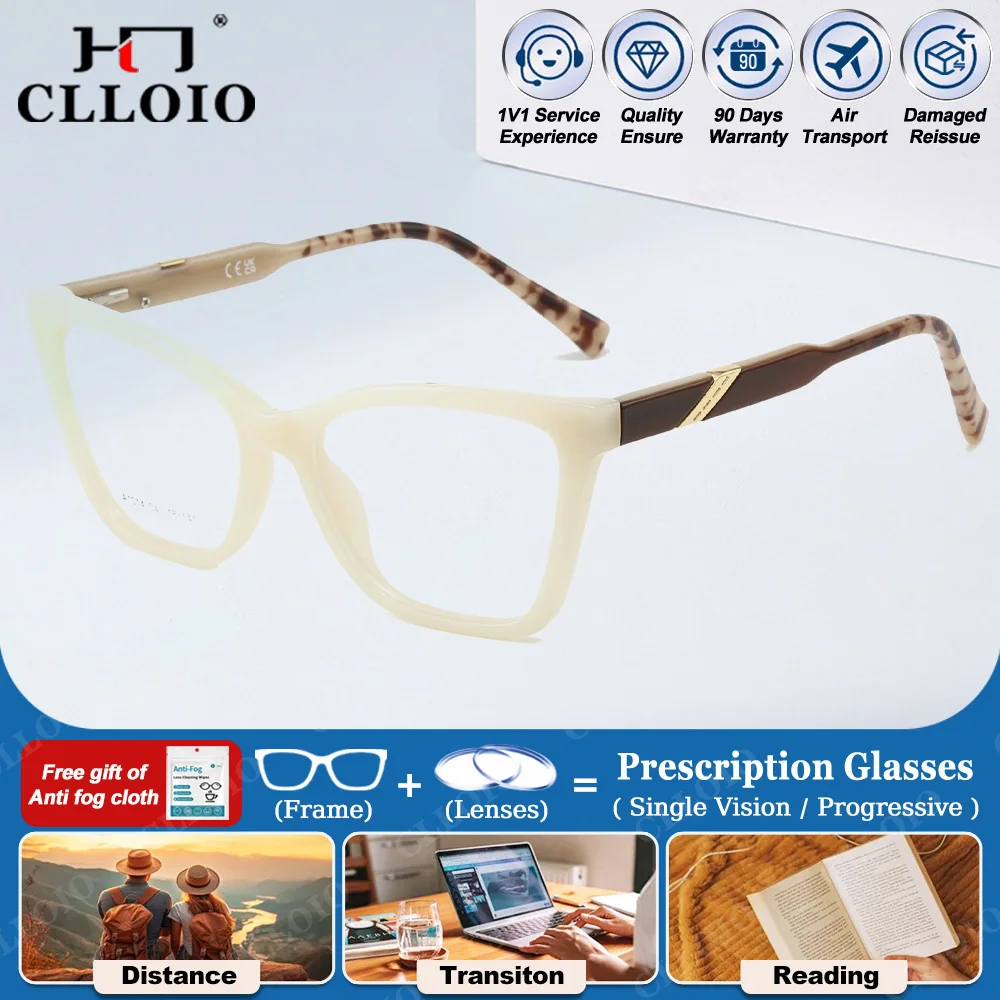 

CLLOIO Trendy Geometric Cat Eye Frame Optical Prescription Glasses Women Anti Blue Light Photochromic Progressive Myopia Eyeware