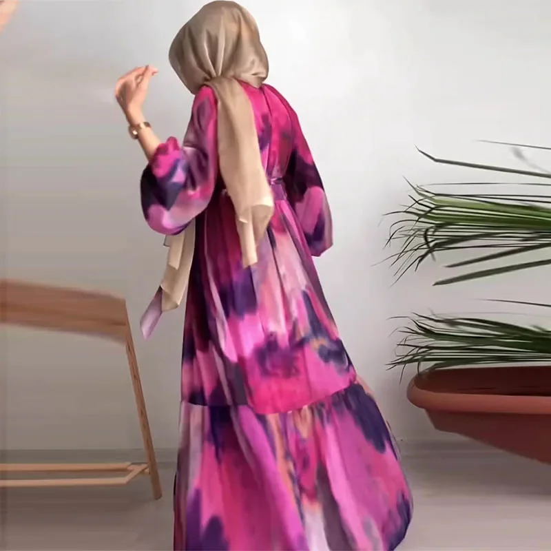 Modest Dubai Abaya Islam Ramadan Robe Femme Kaftan Formal Evening Maxi Dresses Muslim Fashion Women Chiffon Print Long Dress