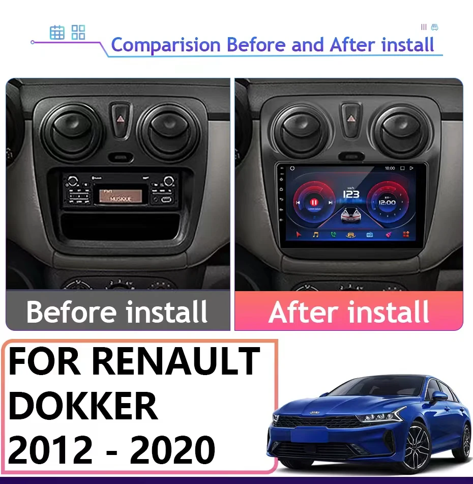 Autoradio Android 14 pour Voiture Renault Lodgy Dacia Dokker (2012-2020), Navigation GPS, Stéréo, Limitation DVD, DSP, 2DIN, Wifi, 4G, Carplay