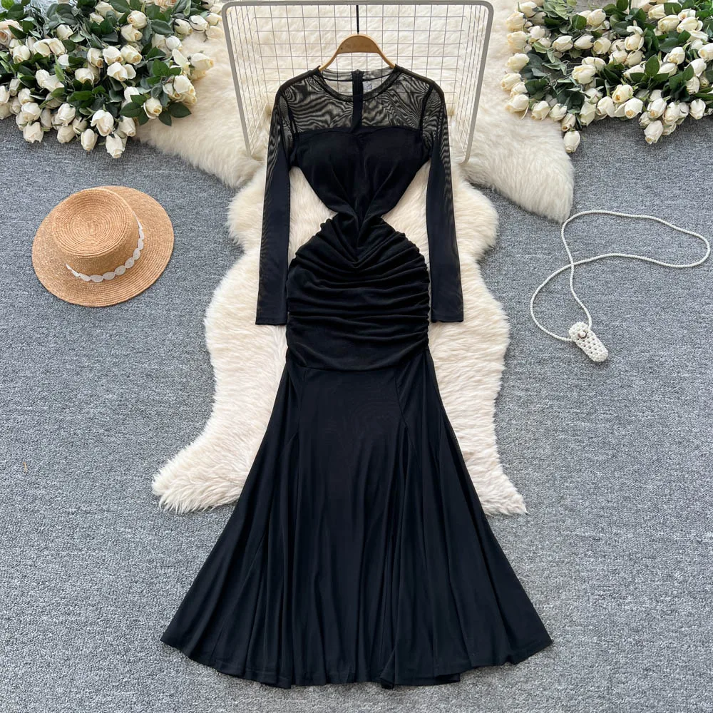 ชุดเดรสทรงเมอร์เมดแขนยาวคอโอวินเทจเก๋ไก๋สไตล์เกาหลีสำหรับผู้หญิง แฟชั่นฤดูใบไม้ร่วง เหมาะสำหรับงานพิธี