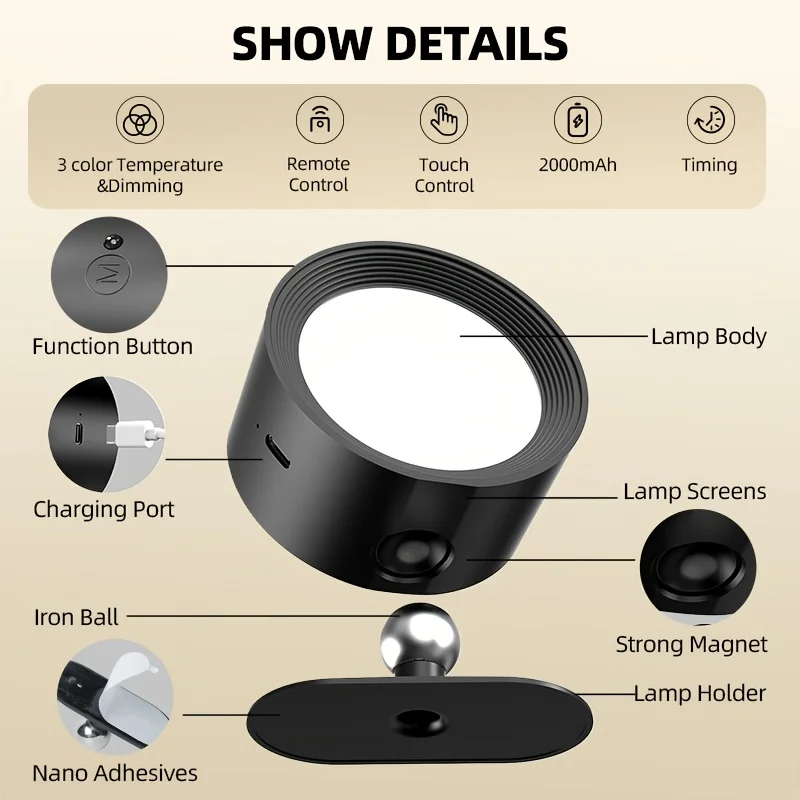 

Светодиодный настенный светильник ночной перезаряжаемый 2000 мАч 360 ° Поворотный сенсорный пульт дистанционного управления, беспроводной прожектор с дистанционным управлением для спальни, гостиной