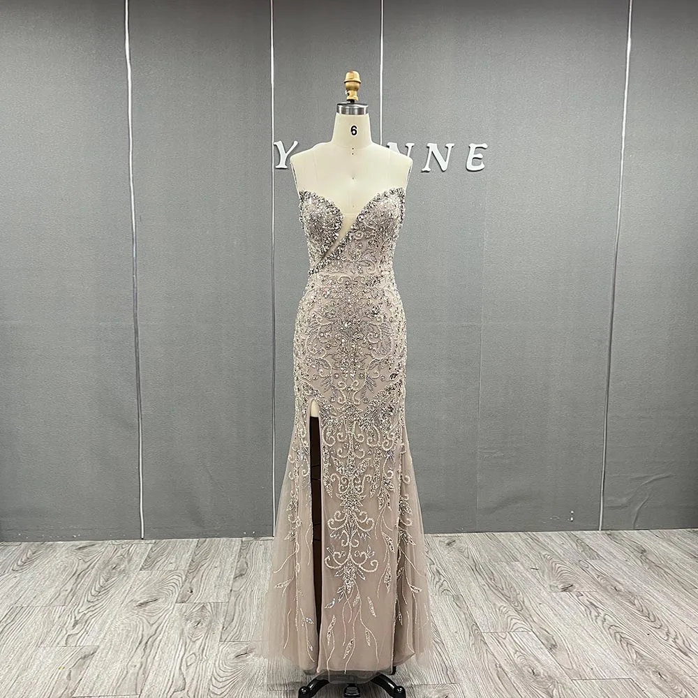 

YQLNNE 064 Серебряные обнаженные вечерние платья с кристаллами, длинное тюлевое вечернее платье с разрезом русалки и бисером
