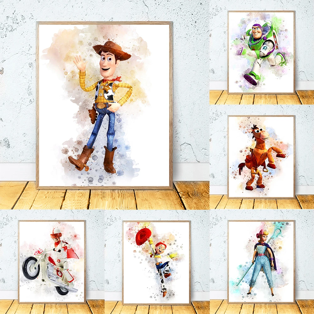 Disney Toy Story Anime Movie Poster And Print Woody Jessie Buzz Watercolor Canvas Painting Nursery Wall Art Kids Room Decor Gift