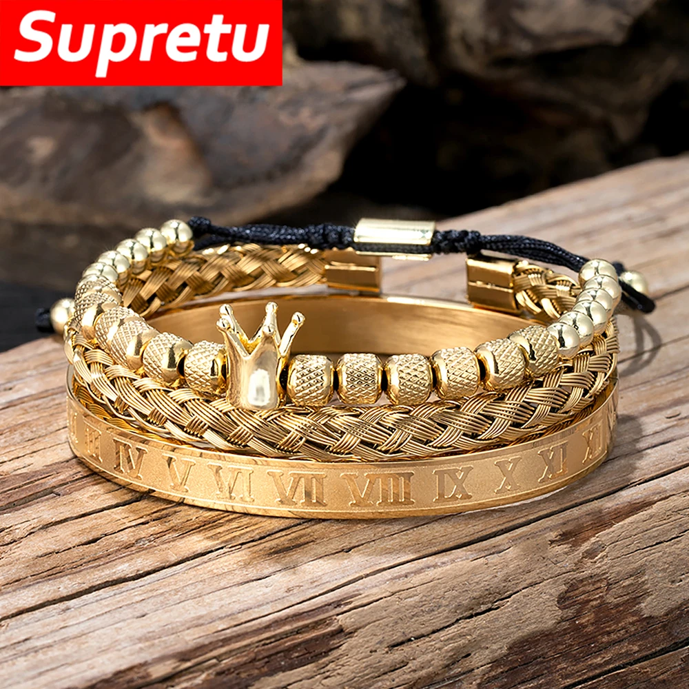 Conjunto de pulseras con dijes de corona real de lujo para hombres, acero inoxidable clásico, colores dorados, brazalete ajustable con números romanos, joyería