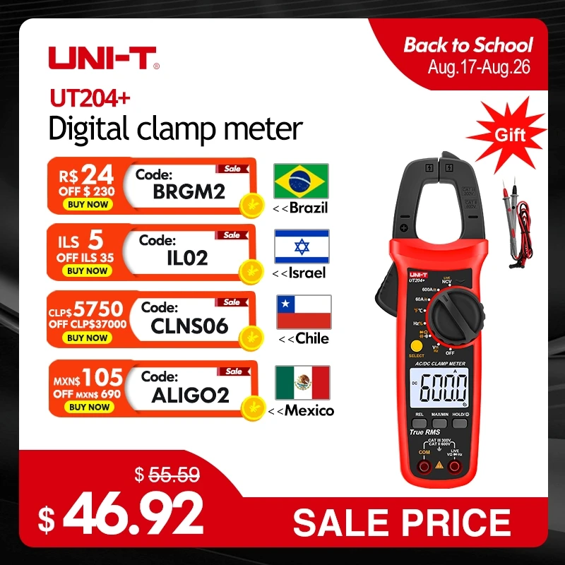 Uni t ac medidor de corrente braçadeira ut204 + ut202a + 600a alicate amperímetro digital profissional true rms testador elétrico ncv faixa automática