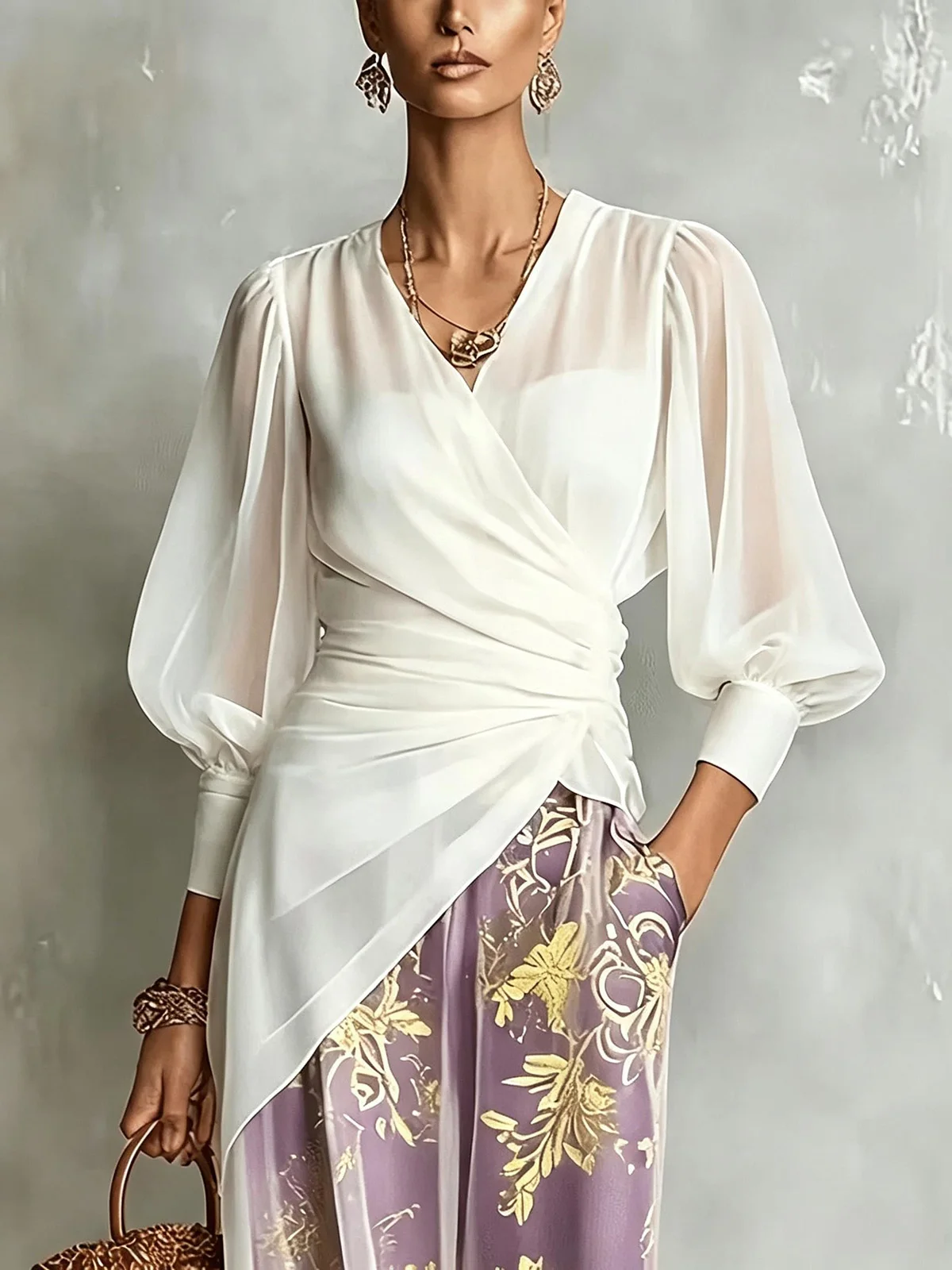 Women Wrap V Neck Chiffon Blouse Elegant Sheer Puff Long Sleeve Ruched Tie Waist Asymmetrical Hem Office Resort Chic Shirt Tops