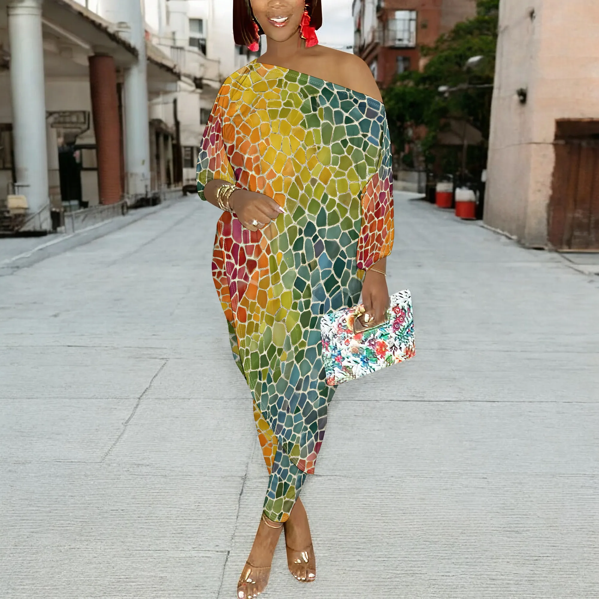 Colorful Mosaic Print, Long Sleeve Dress Set, Rainbow Pattern Maxi Dress, Off Shoulder Style, Casual Beach Party Wear, S-2XL