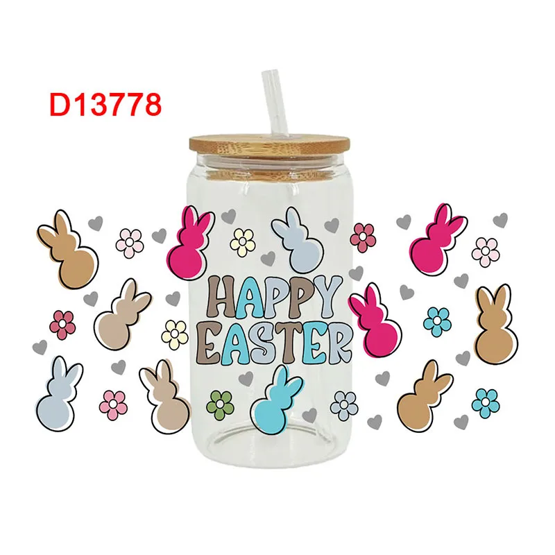 ملصقات نقل DTF ، 16 أونصة ، كؤوس ، أرنب عيد الفصح السعيد المطبوع ، زجاج ذاتي الصنع ، سيراميك ، معدن ، جلد ، 3D D13710