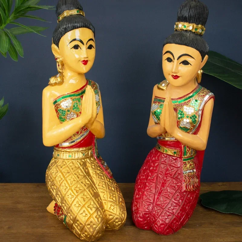 

Thai Welcome Female Wood Carving, Solid Wood Kneeling Ornament, Hotel and Restaurant Decoration, Character Display Stand