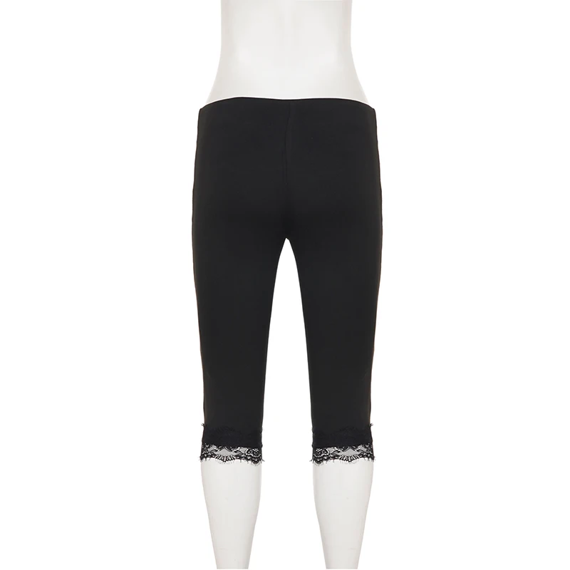 SUCHCUTE Schwarze knielange Skinny-Hose für Damen, elastische Taille, Spitzen-Strickhose, Y2k Streetwear, lässige Hose, Grunge Fairycore – Detail 5