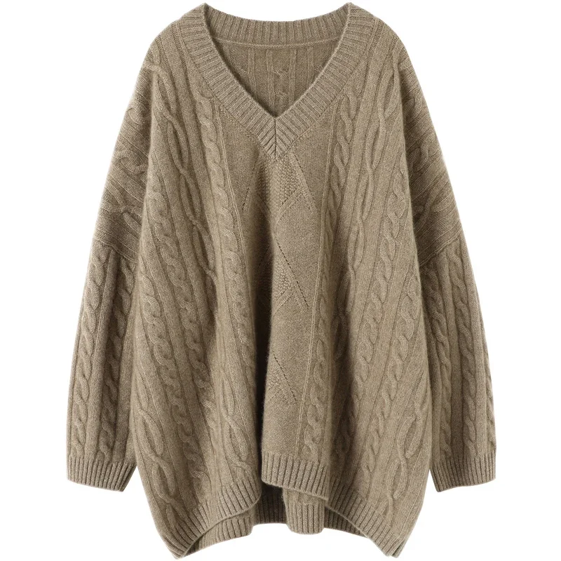 aliaga oversized winter chunky knit 100% cashmere v neck sweater long sleeve women's warm knitwear