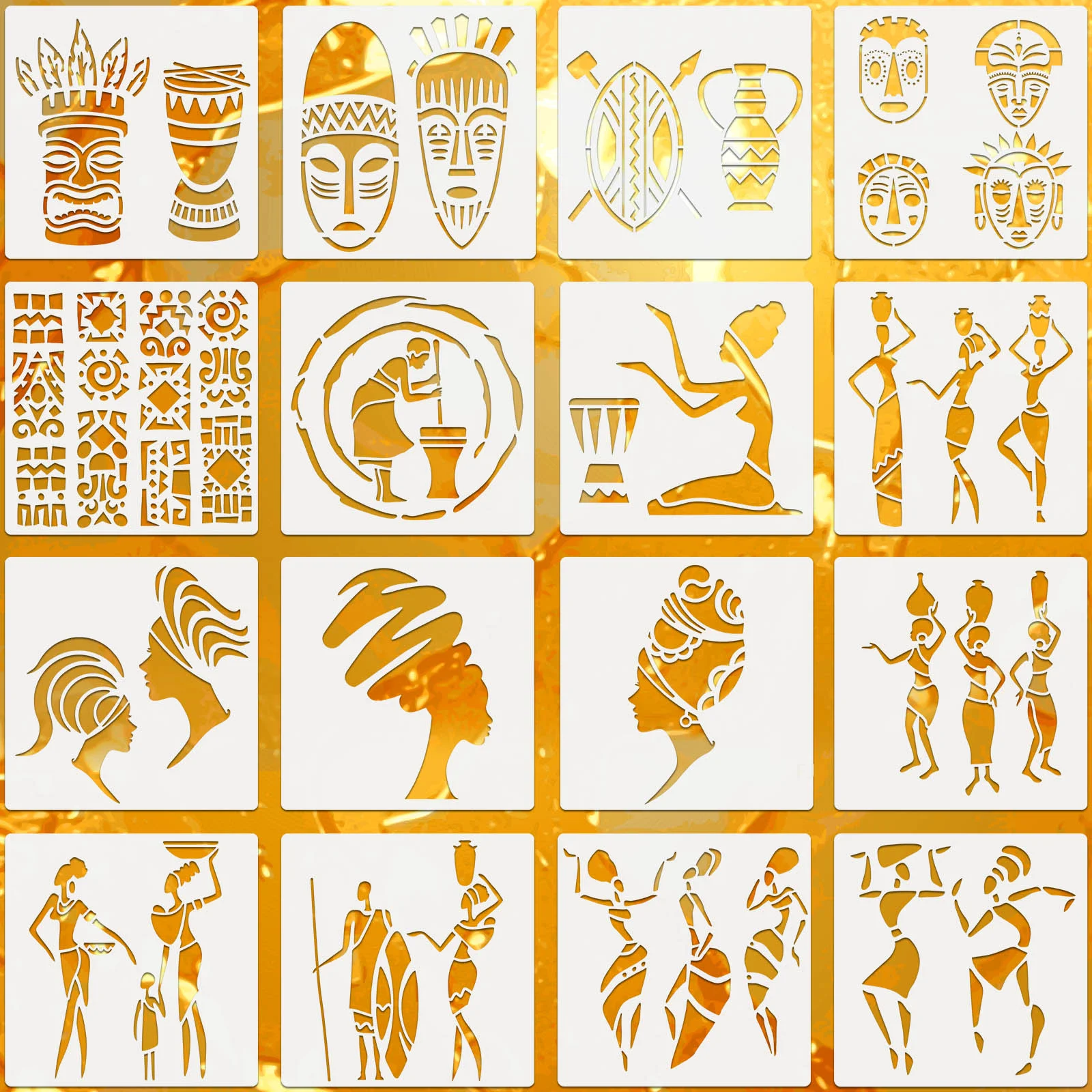 [YU]16 Pieces African Tribal Stencils African Women Dancers Tribal Painting Stencil