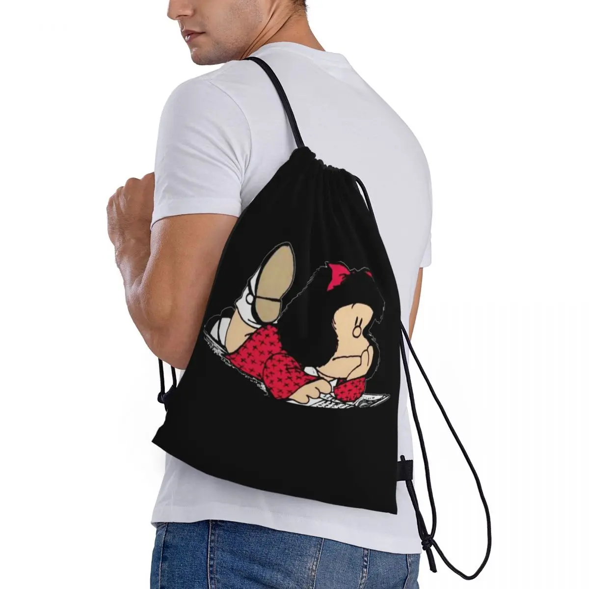 Custom Cute Mafalda Drawstring Backpack Women Men Sport Gym Sackpack Foldable Argentine Cartoon Quino Comic Training Bag Sack