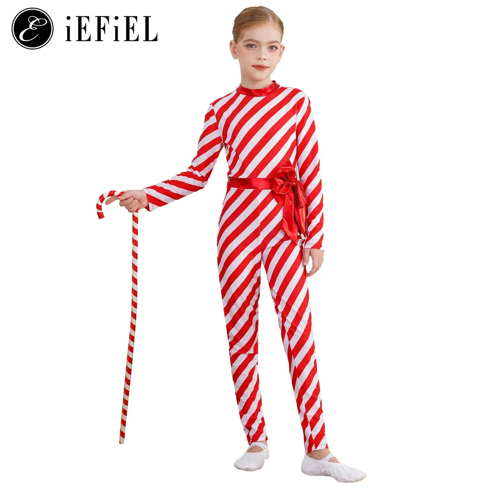 Girls Candy Cane Christmas Costume Long Sleeve Mock Striped Ballet Dance Unitard Full Body Holiday Zentail Xmas Jumpsuits