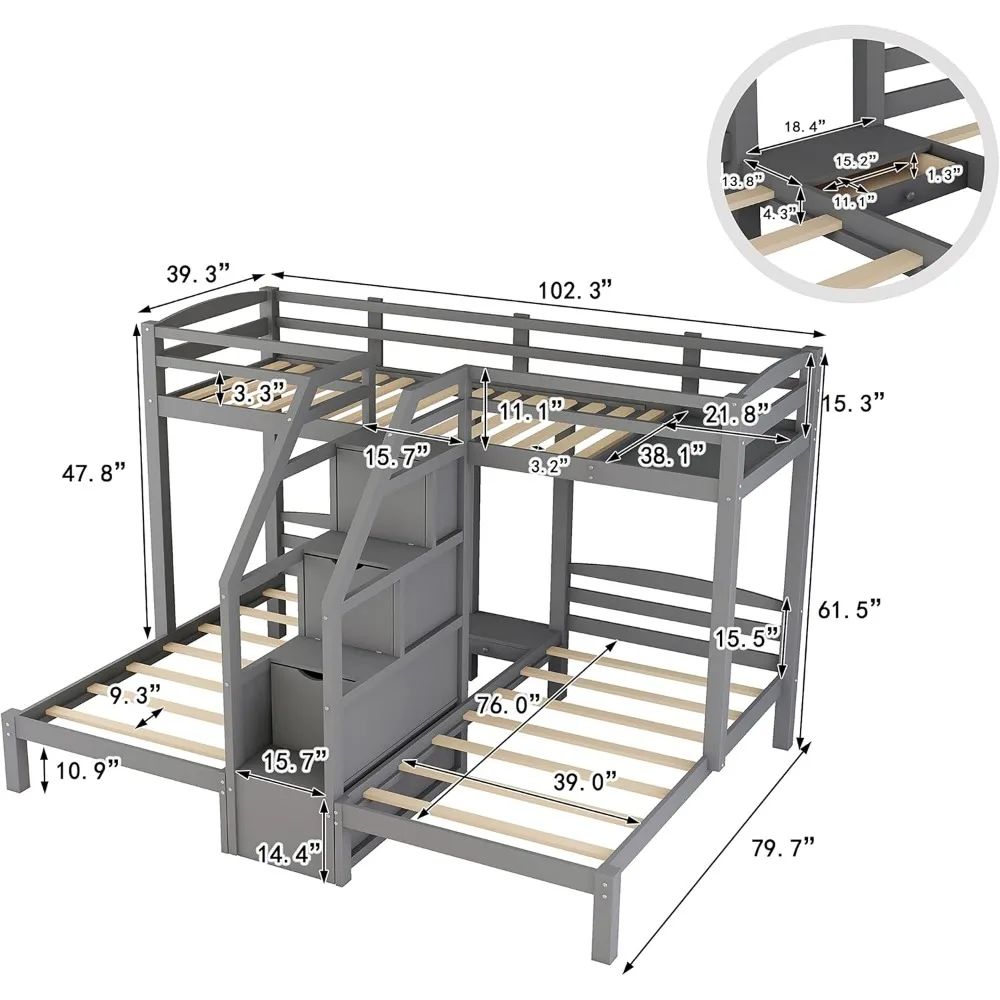 Lshaped Triple Bunk Bed with Stairs, 3 Beds in One for 3 Kids, Twin Over Twin & Twin L-Shaped Bunk Bed with Drawers for Kids