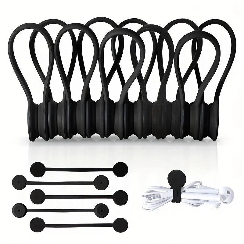 10Pcs Magnetic Cable Clips, Black Silicone Cable Organizer, Reusable Cord Ties for Home Office Kitchen