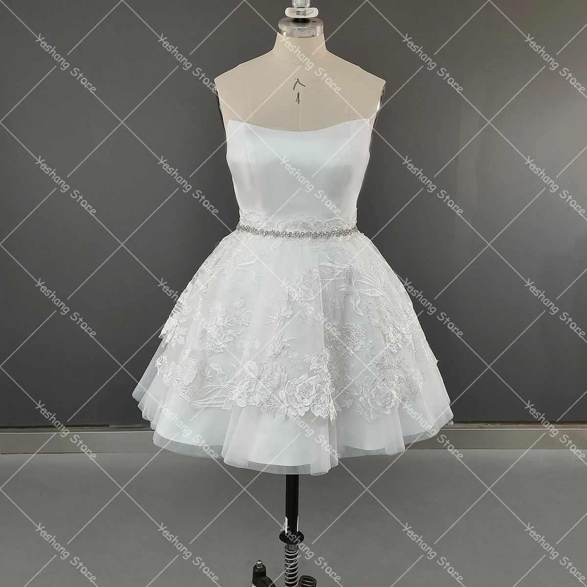 Customized Drape Strapless Mini Appliques Puffy Bridal Gowns Beading Sleeveless Real Photos Overlay Satin Princess Wedding Dress