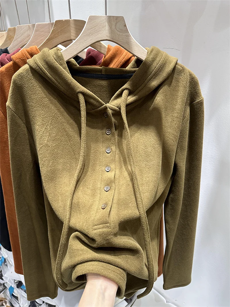 

Базовая двусторонняя вельветовая свободная женская толстовка с капюшоном, утепленная, однотонная, на пуговицах, в корейском стиле, с длинными рукавами