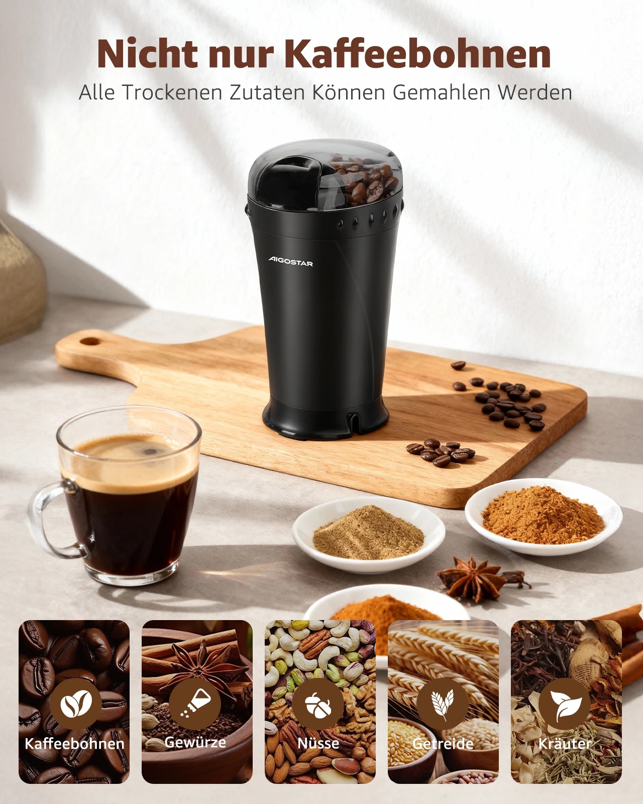 Aigostar Kaffeemühle Elektrisch Gewürzmühle Kaffee Mühle für Kaffeebohnen, Getreide, Gewürze und Nüsse, Edelstahl Schlagmesser, 60g Bohnenbehälter, Elektrische Propellermühlen,150 Watt, Schwarz – Bild 3