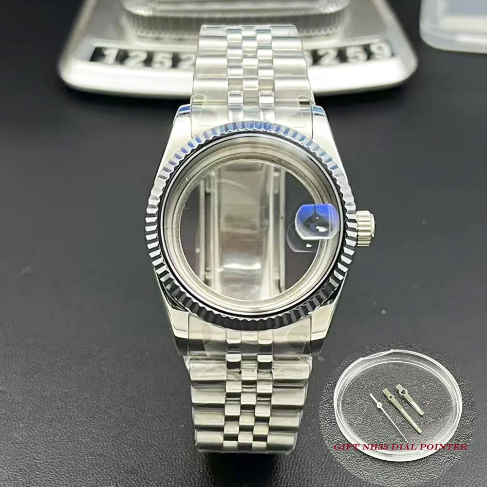 Polished/Textured 36mm 39mm NH35 Sapphire Crystal Watch Case Suitable for NH35 NH36 Silver Case/ Strap