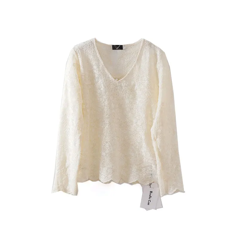 

Женская футболка Bodhl с кружевными вырезами, уличный стиль, круглый вырез, длинный рукав, стандартный крой, зимняя модная женская футболка