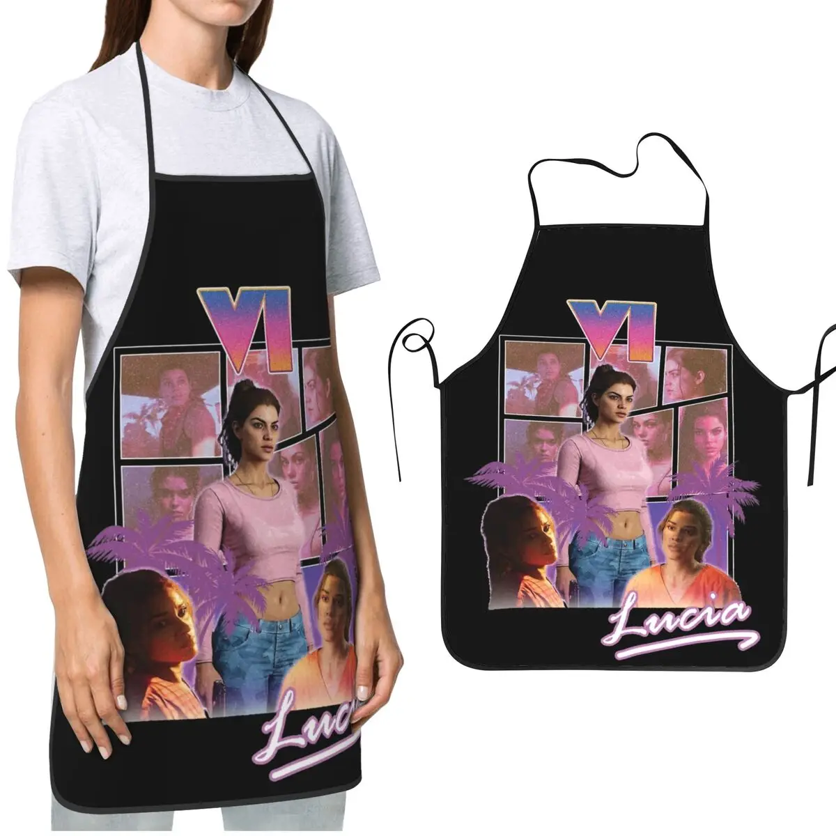 Men Women Chef Gifts Apron Lucia GTA VI Merch GTA 6 New Game BBQ Aprons Adjustable Oil & Water Resistant