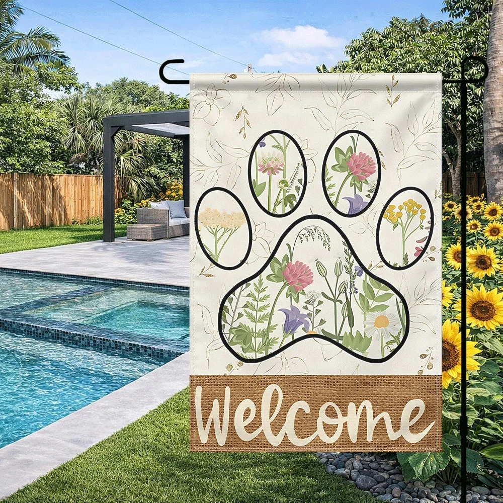 

1PC Floral Dog Paw Print Garden Flag Welcome Outdoor Decorative Flag for Yard Patio Porch Farmhouse Seasonal Sp