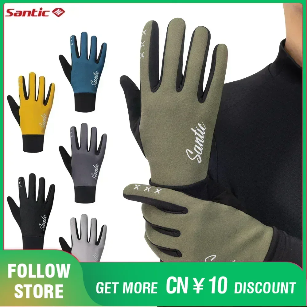 Santic Mens Cycling Glove Winter Thermal Fleece Warmer Full Finger Gloves Windproof Touch Screen Shockproof Motorbike MTB Gloves