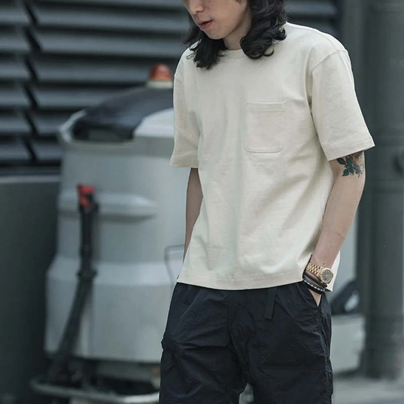 

Новая летняя мужская футболка из плотного хлопка (280 г/м²) с круглым вырезом, свободного кроя, с коротким рукавом, с цветным карманом, молодежная модная утолщенная модель