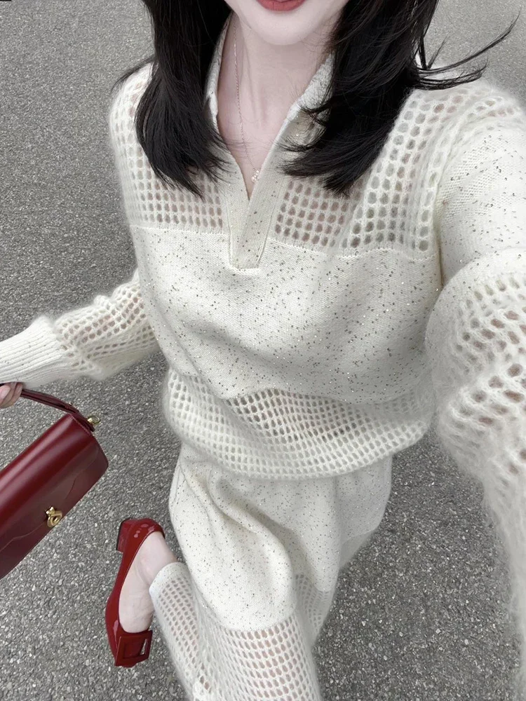 Autumn Knitted Suit Women's Winter Polo Neck Long Sleeve Hollow Out Sweater High Waist Long Skirt Fashion Two Piece Set