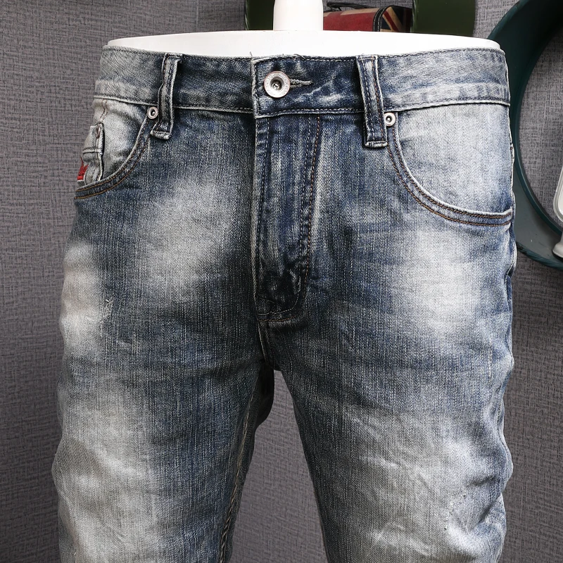 Italian Style Fashion Men Jeans Retro Blue Elastic Slim Fit Ripped Jeans Men Trousers High Quality Vintage Designer Pants Hombre