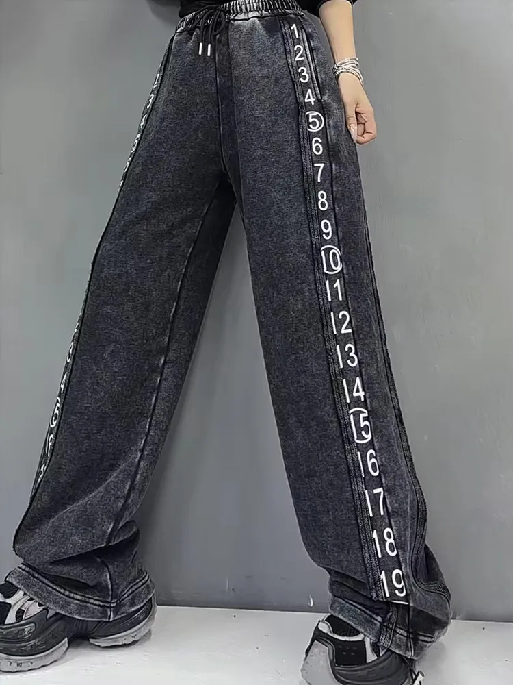 YERMORA Black High Drawstring Elastic Waist Side Numbers Wide Leg Jeans New Women Trousers Fashion Tide Spring Autumn 2025 A656