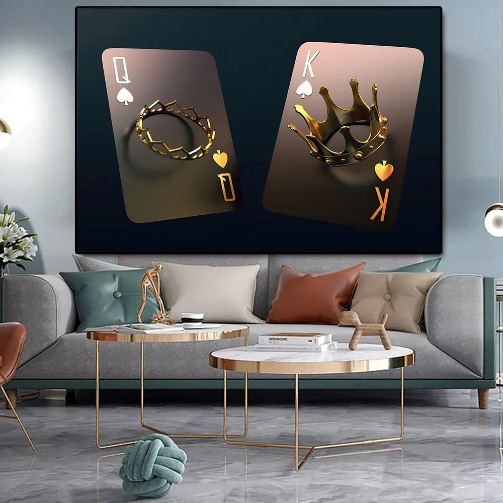 Abstract Golden Poker King and Queen 3D Posters, Royal Crown Canvas Painting, Wall Art Picture for Living Room, Home Decor