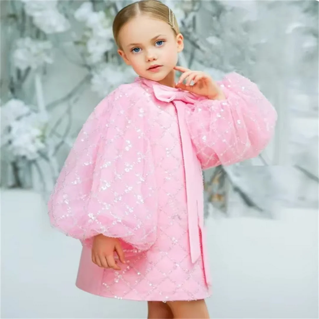 

Customized Pink Simple Flower Girl Dress Long Sleeve Bow Decoration Party Kids Birthday Princess First Communion