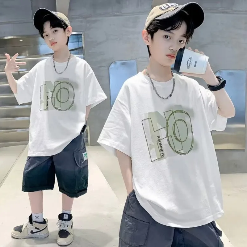 T-shirt Summer Men's Japanese Five-point Sleeve New Trend Ins Temperament Round Neck Fashion Straight-shaped Children's Clothing