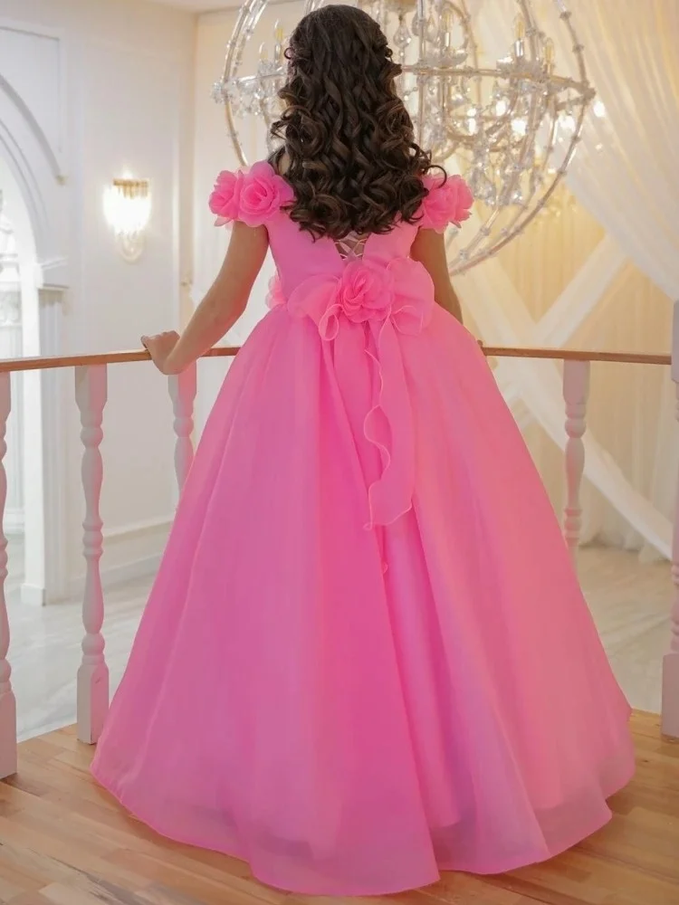 

Custom Flower Girl Dress Rose Pink Organza Floral Short Sleeve Wedding, Birthday Party, Banquet Princess Dress