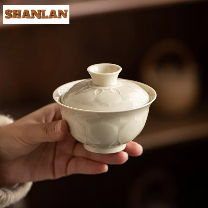 130ml Chinese Ding Kiln White Gaiwan Luxury Lotus Petal Tea Tureen Base Tea Brewing Cover Bowl Holder Teaware Supplies Craft