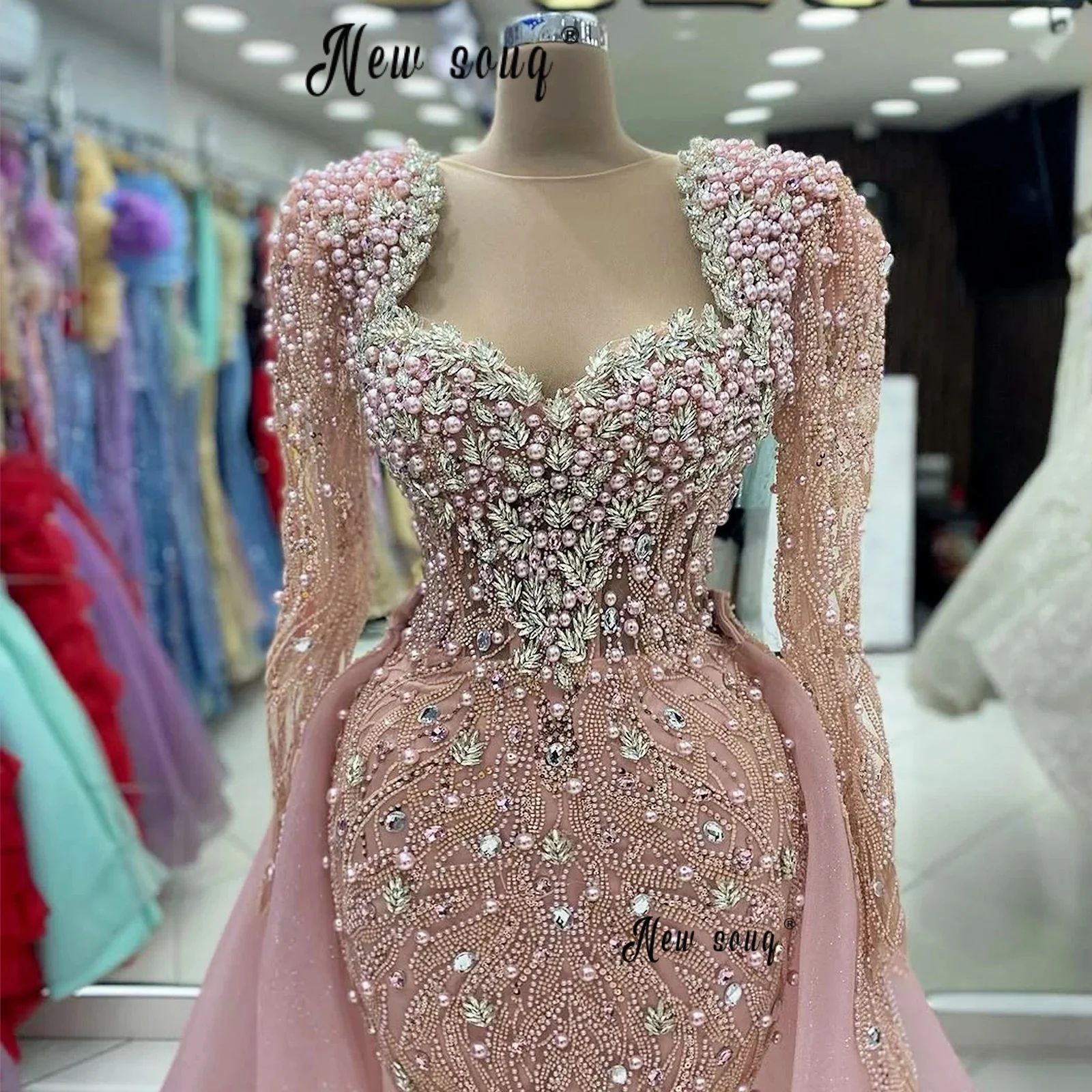 Bohnenrosa Abendkleid mit Überrock 2026 Luxuriöses Hochzeitskleid mit Perlen Verlobungs-Nachtkleid Langes Ballkleid Maßanfertigung