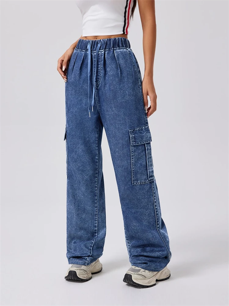 Women's Elastic High Waisted Drawstring Straight Jeans Personalized Trousers Cool Girl Casual Bottoms Female Street Denim Pants