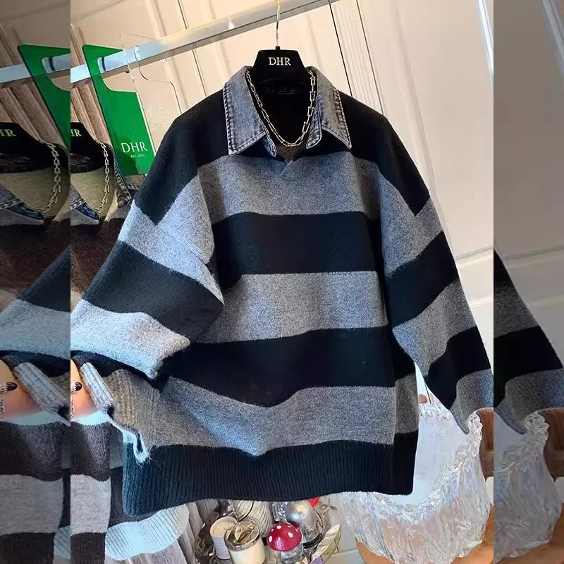 

Оверсайз трикотажный джемпер в полоску с джинсовым воротником, свободный повседневный топ для мужчин и женщин, осень-зима, полиэстер