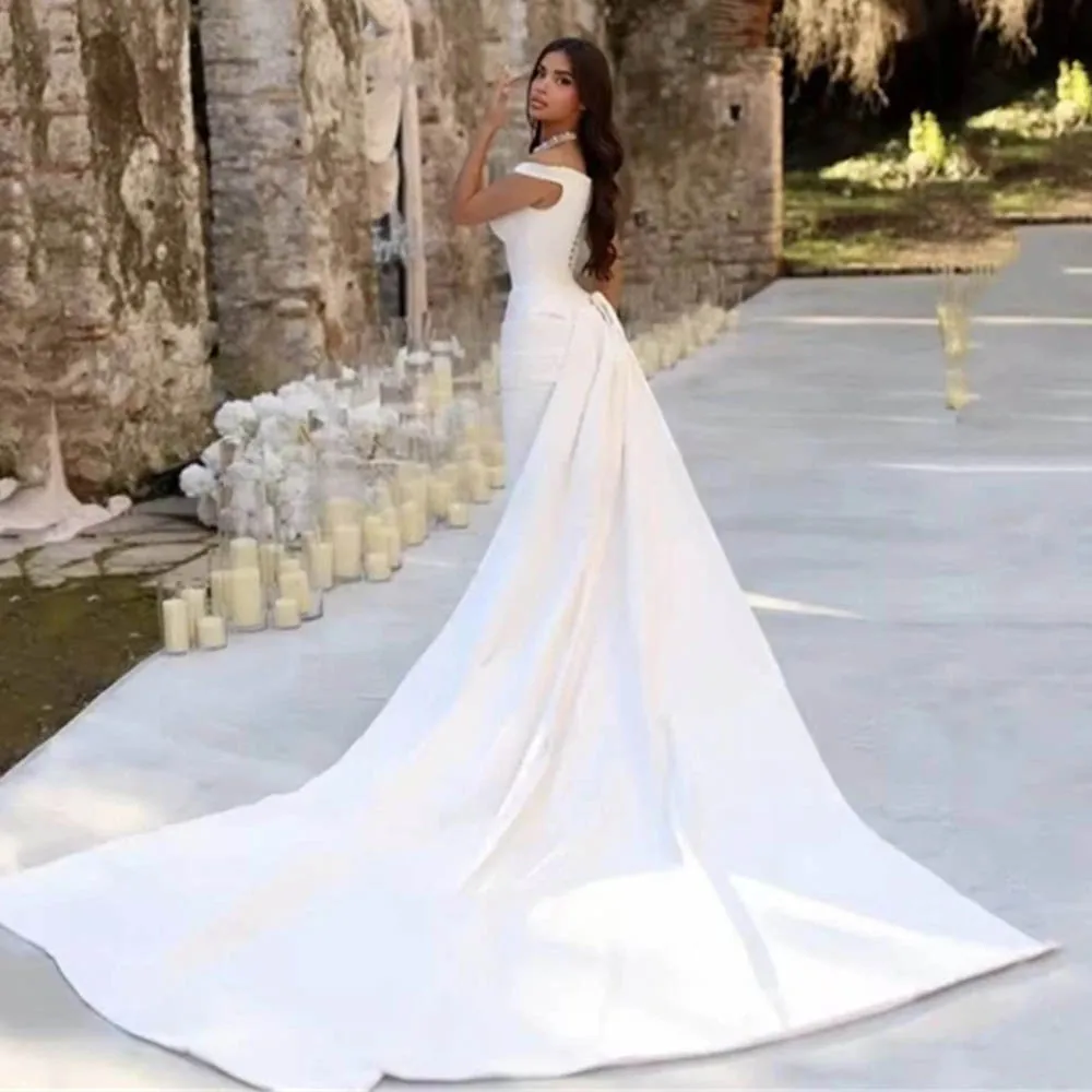

Custom Made Off the Shoulder Satin Mermaid Wedding Dresses With Long Rubbons Custom Made 2026 Rode