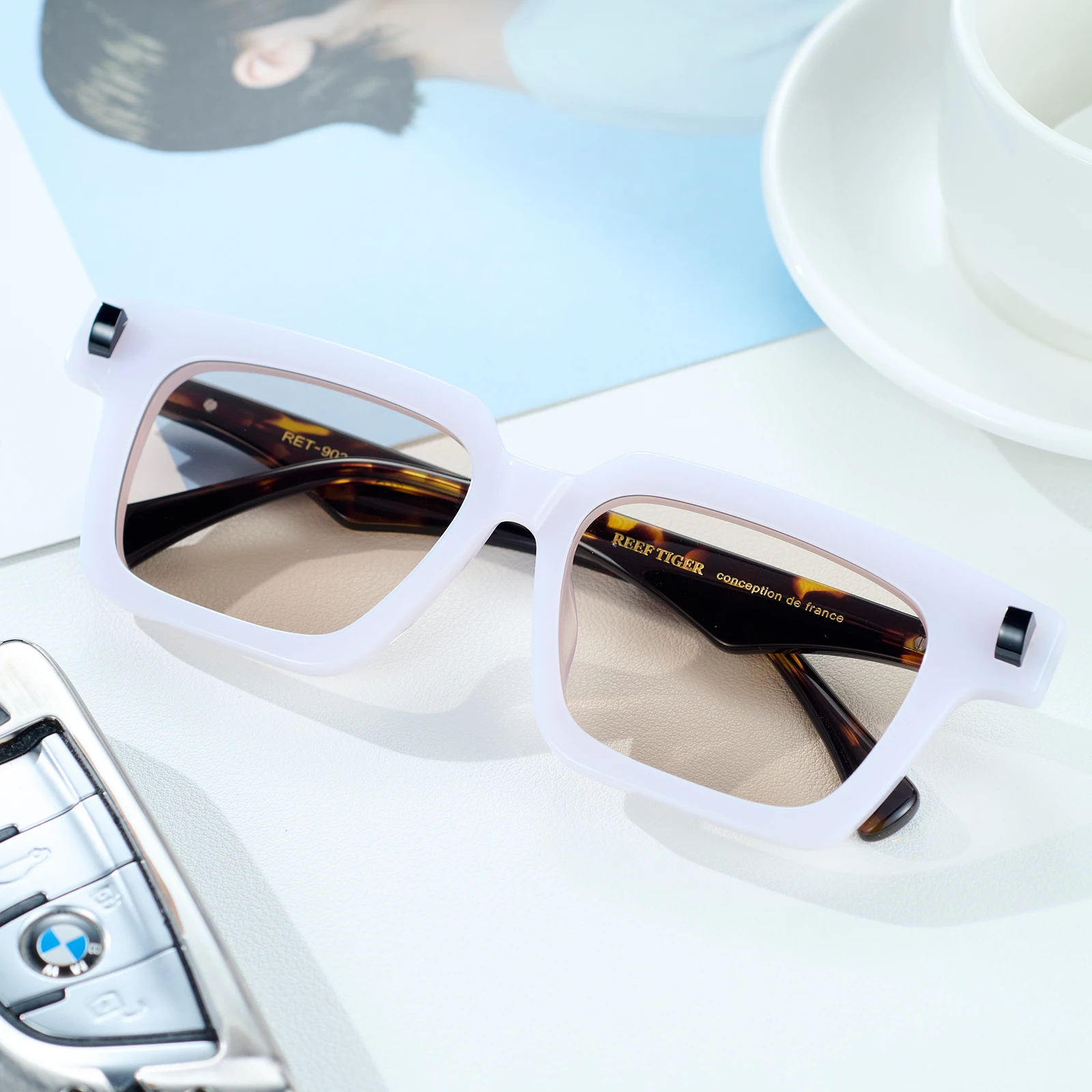 نظارات شمسية مستطيلة فاخرة من ريف تايجر للرجال، ألياف خلات بيضاء لامعة من اليشم، حماية 400 فولت، نمط مربع صغير